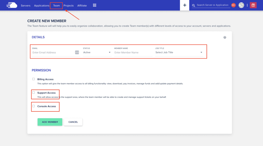 Creating a New Member in Cloudways