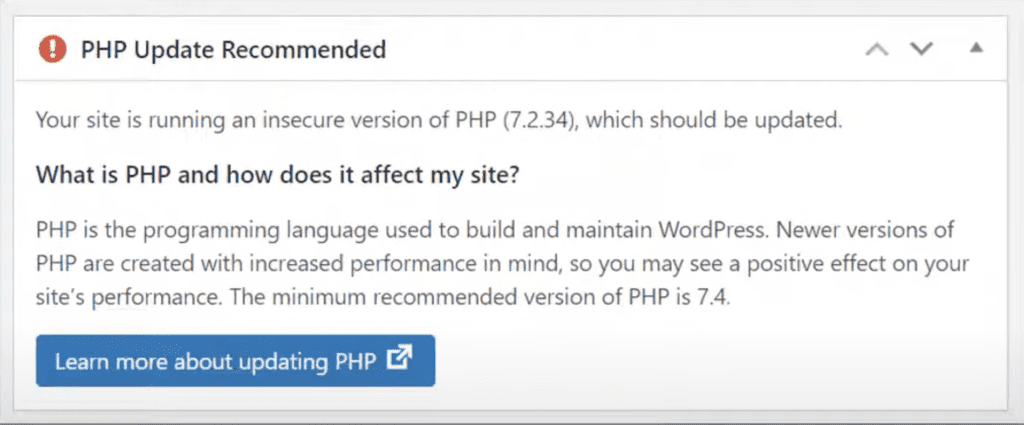 php Update Recommended Warning in WordPress